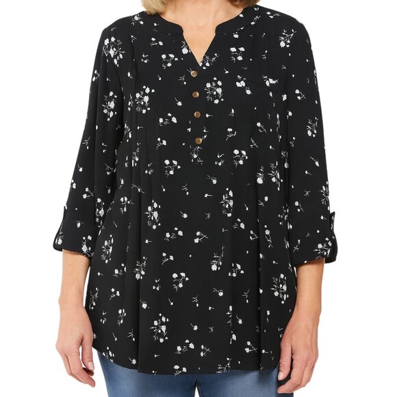 NEW Cocomo Floral Black White Flowy Pintuck Tunic Blouse Fall Cocktail Top Large - Picture 1 of 17